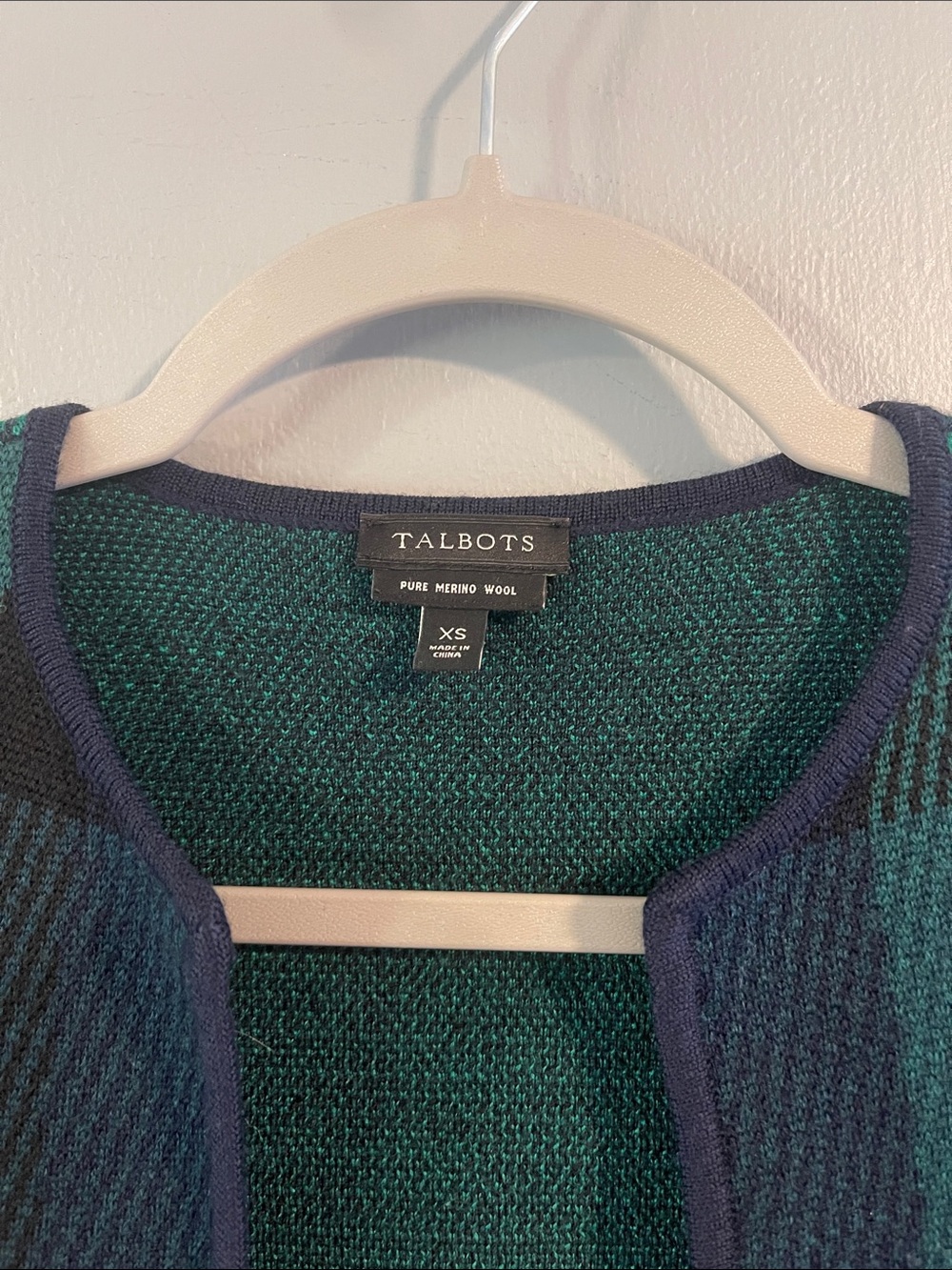 Talbots Navy & Green Plaid 100% Pure Merino Wool Open Long Cardigan Size XS - Picture 4 of 7